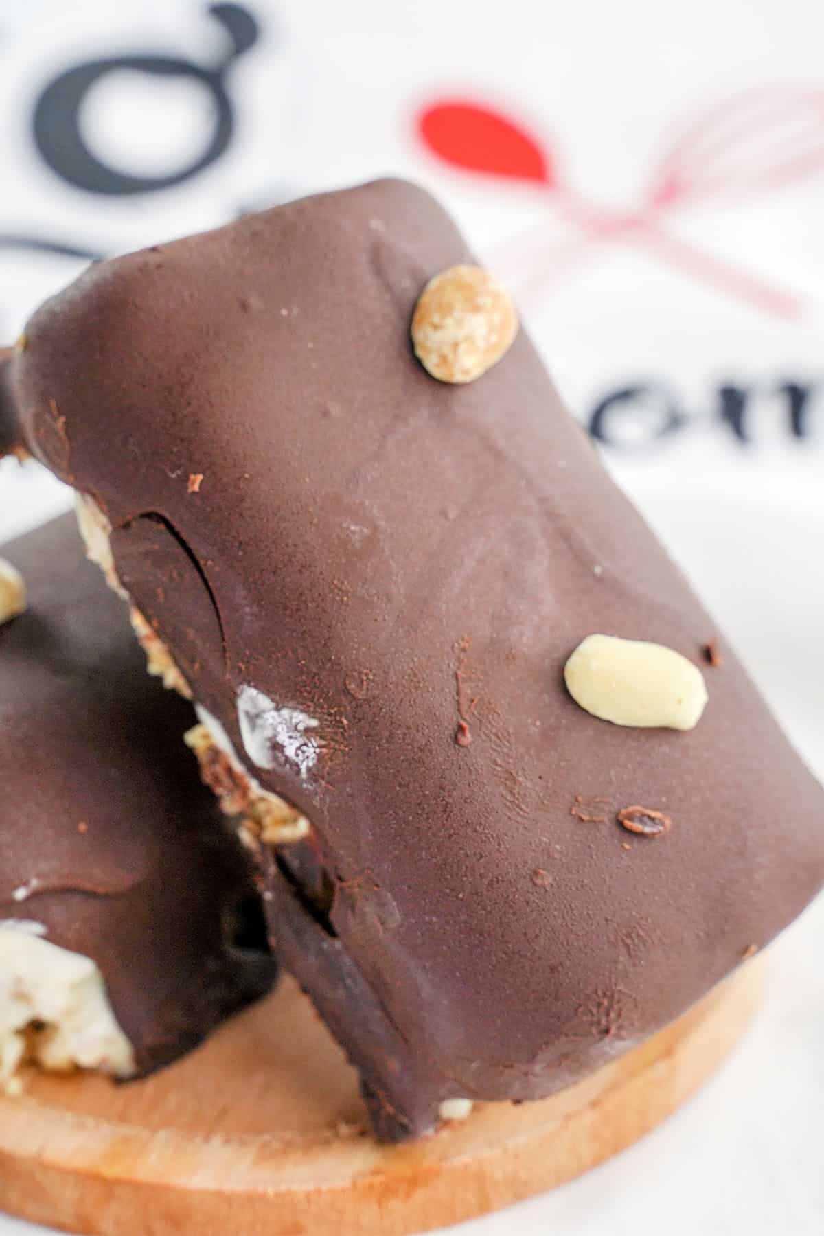 side view of no-bake Snickers Ice Cream Bars