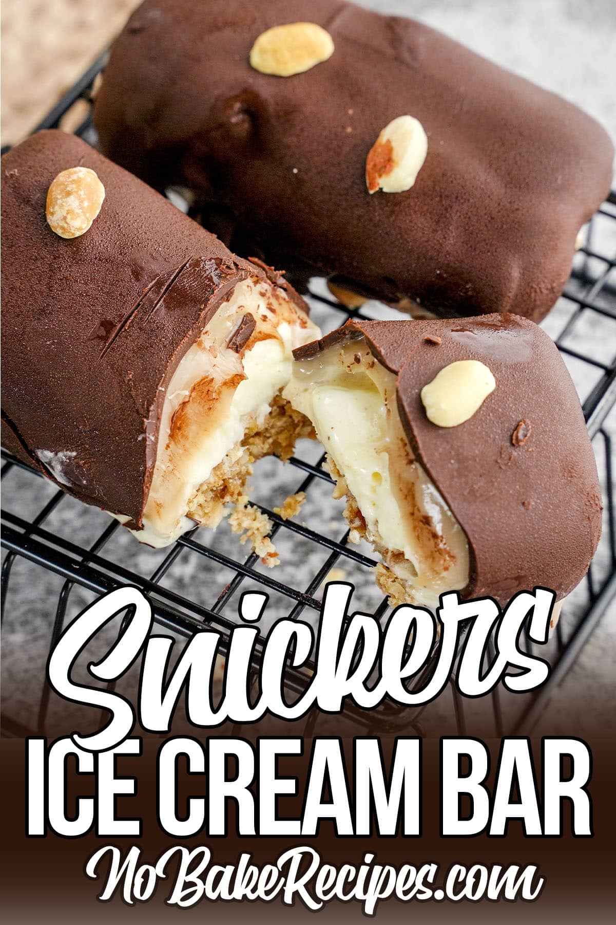 easy homemade ice cream snickers candy bars with text which reads Snickers Ice Cream Bars