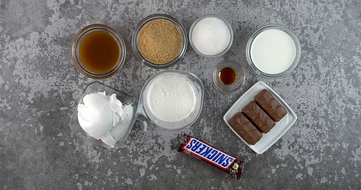 ingredients in bowls to make Snickers dip