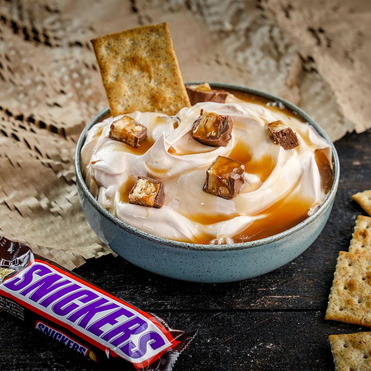 Snickers dip on a table
