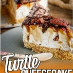 slice of caramel chocolate pecan no-bake cheesecake with text which reads Turtle Cheesecake