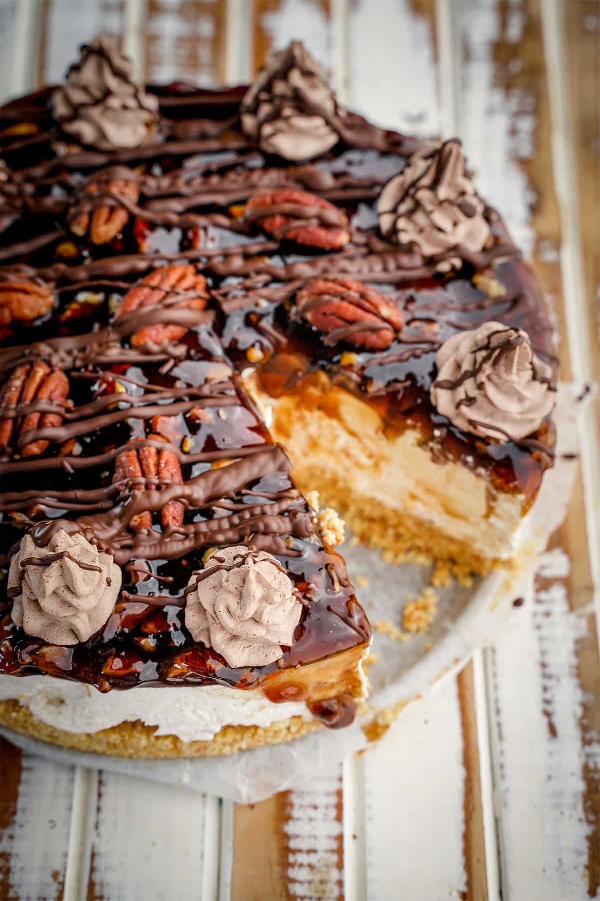 overhead view of no-bake caramel and pecan cheesecake