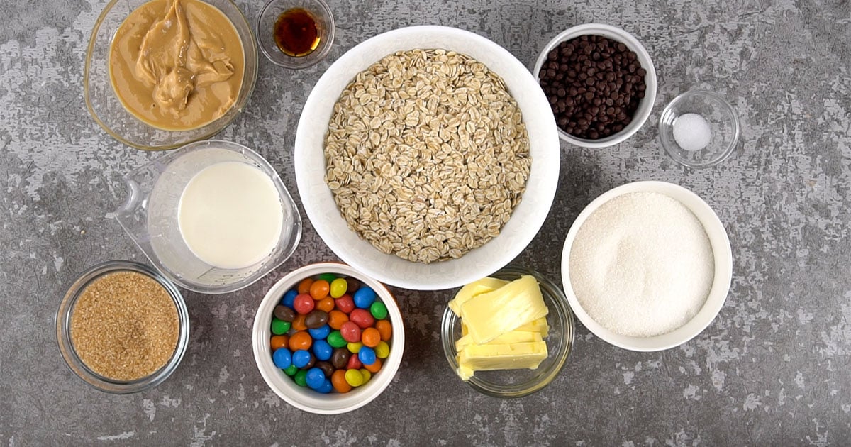 bowls of ingredients to make no-bake monster cookies