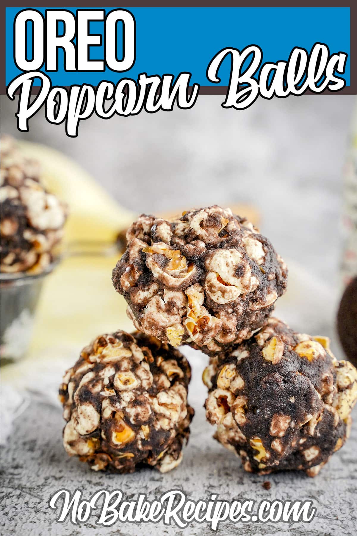 oreo cookie popcorn balls with text which reads oreo popcorn balls