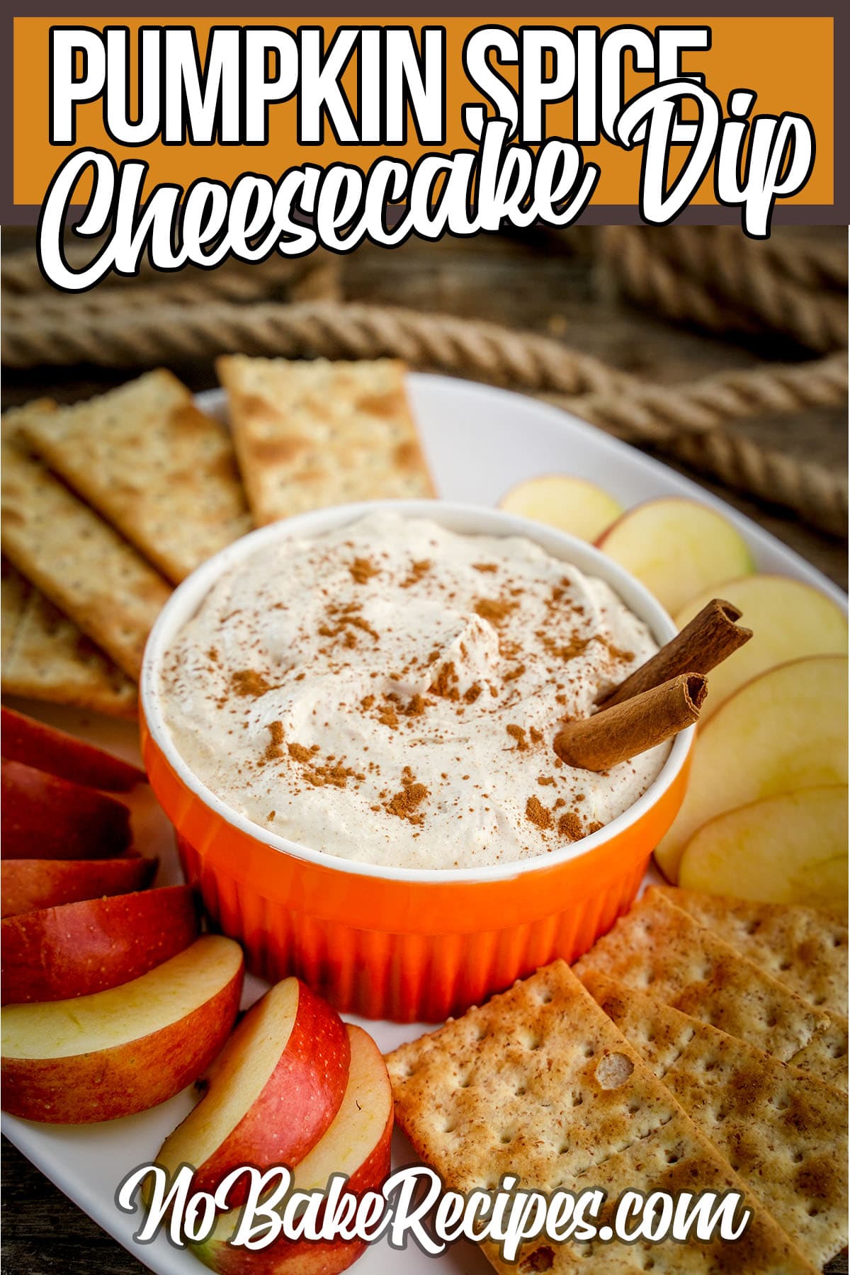fall dessert dip with text which reads pumpkin spice cheesecake dip