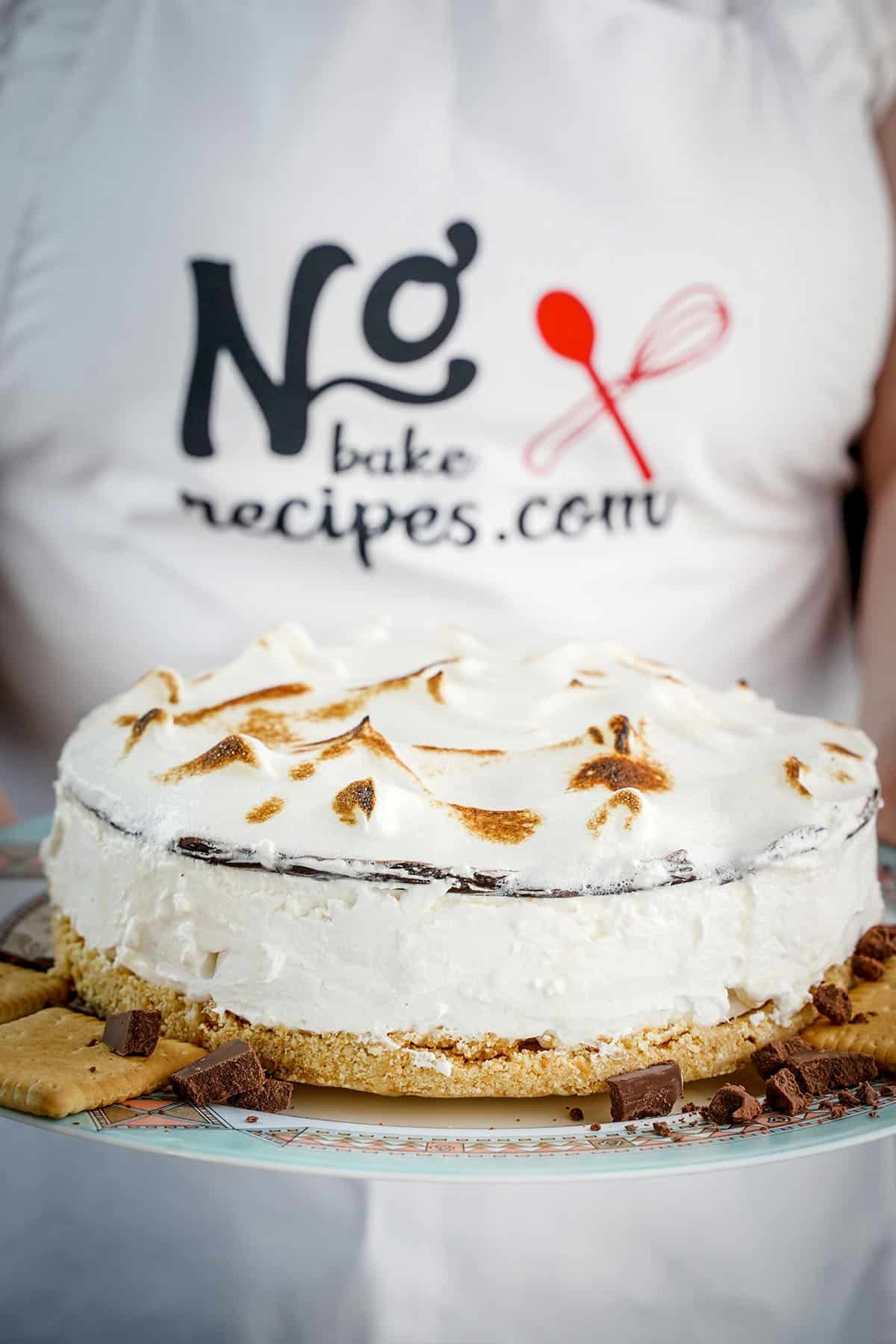 side view of no-bake s'mores cheesecake being held