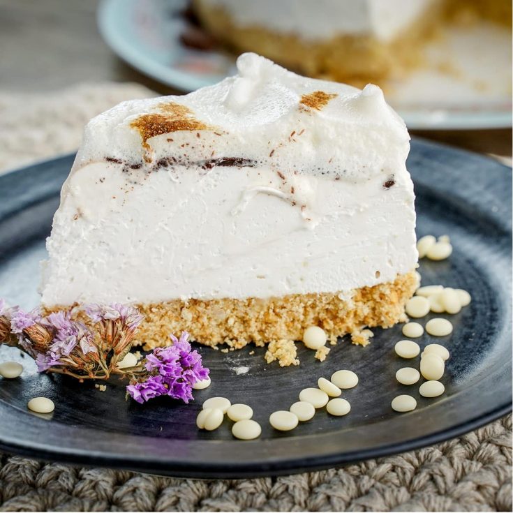 side view of a slice of no-bake s'mores cheesecake