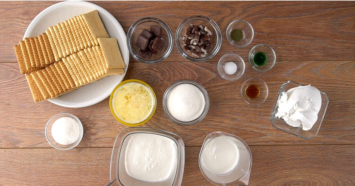 bowls of ingredients to make no-bake Cheesecake with mint flavoring