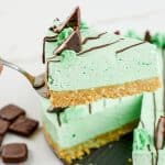 slice of Andes Mint Cheesecake being lifted
