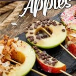 sliced apples with caramel and sprinkled treats on them on a plate with text which reads caramel apples