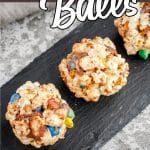 overhead view of caramel popcorn balls with text which reads popcorn balls