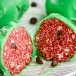 closeup of no-bake Watermelon Truffles cut open