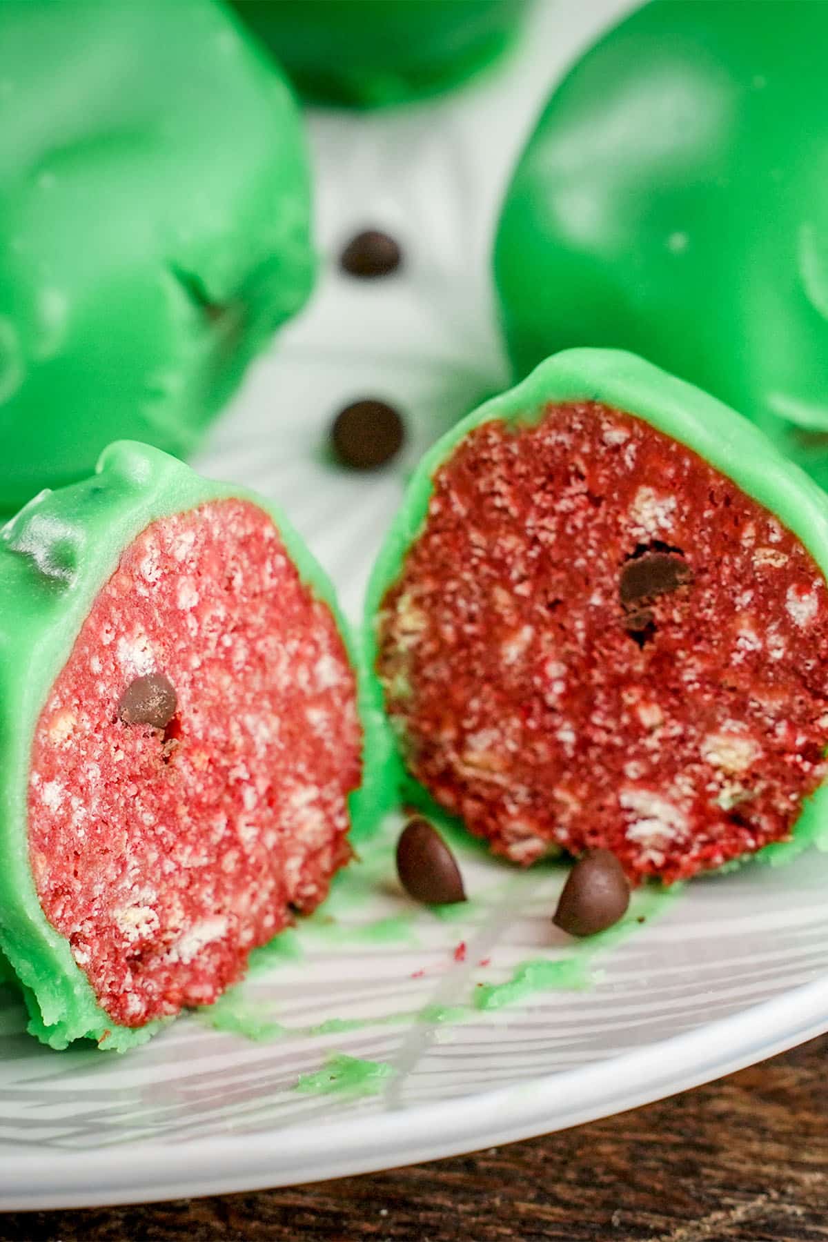 closeup of no-bake Watermelon Truffles cut open