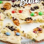 closeup of easy monster cookie dough bark with text which reads monster bark