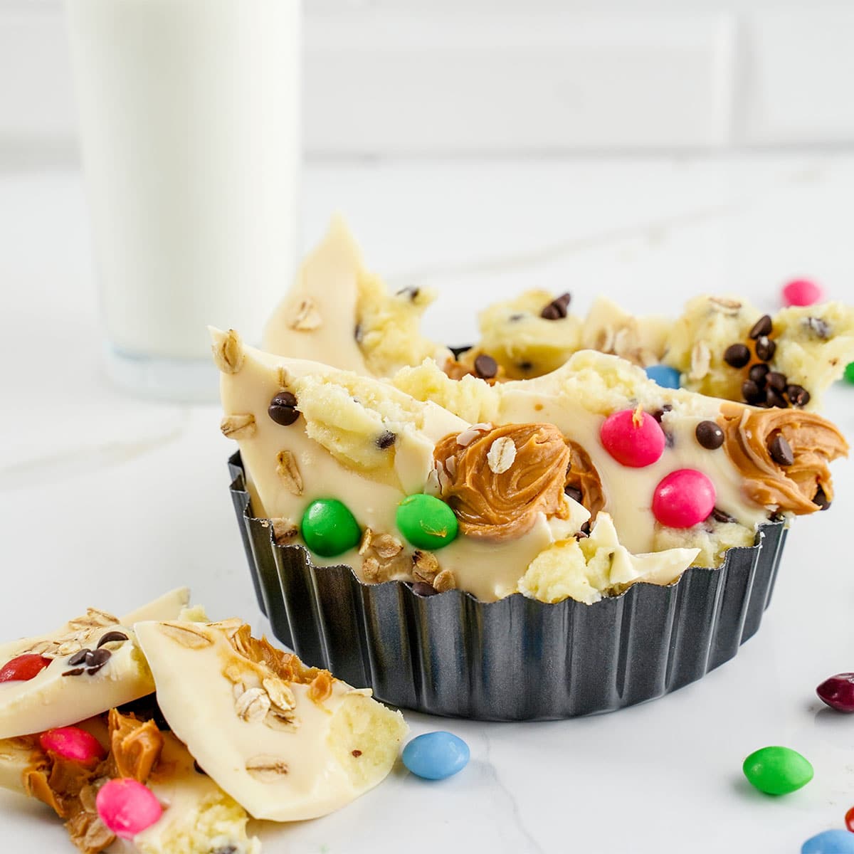 monster cookie bark in a bowl