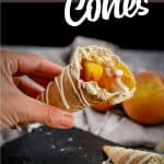 no-bake peach cobbler in a waffle cone with text which reads peach cobbler cones