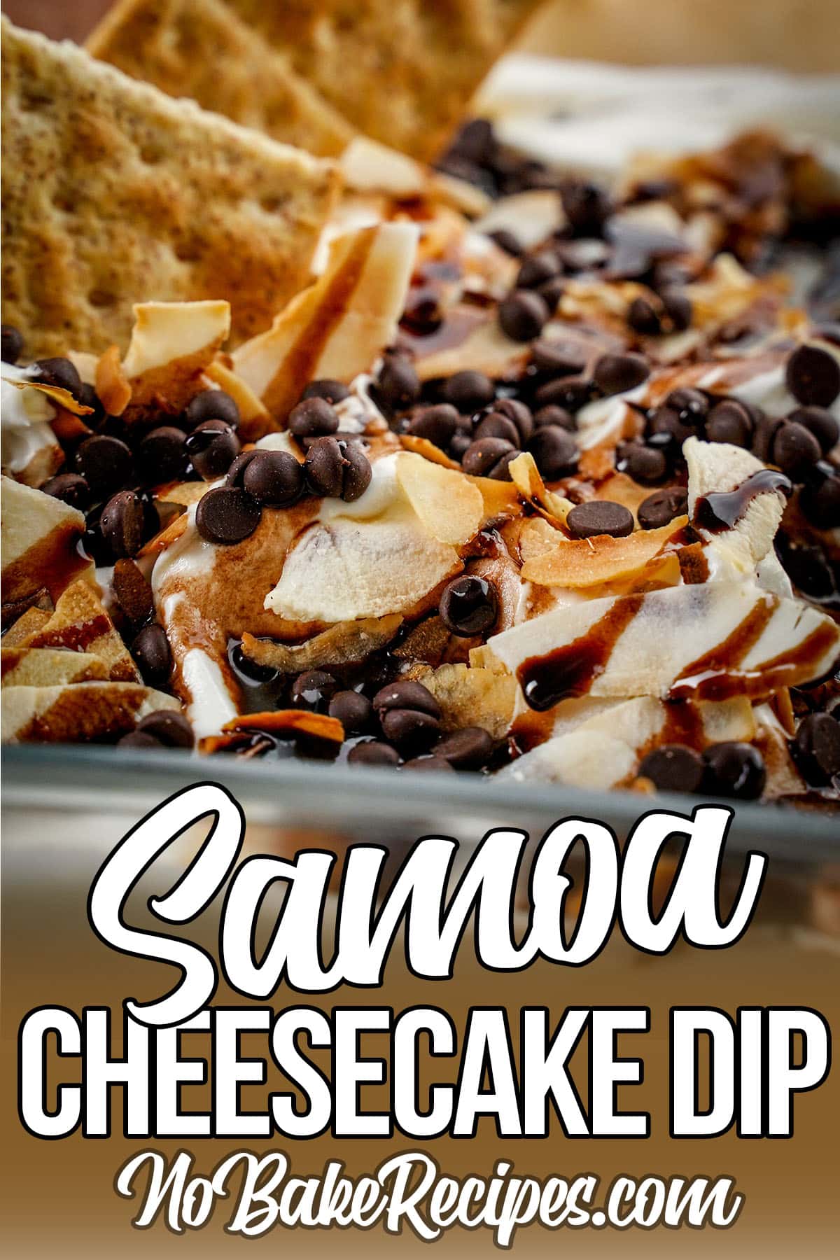 closeup of coconut chocolate desert dip with text which reads samoa cheesecake dip