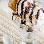 s'mores ice cream in a bowl with chocolate drizzle