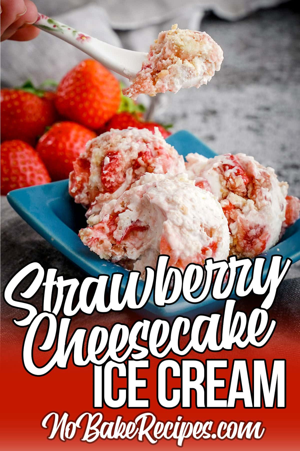strawberry ice cream with cheesecake in a bowl with text which reads strawberry cheesecake ice cream