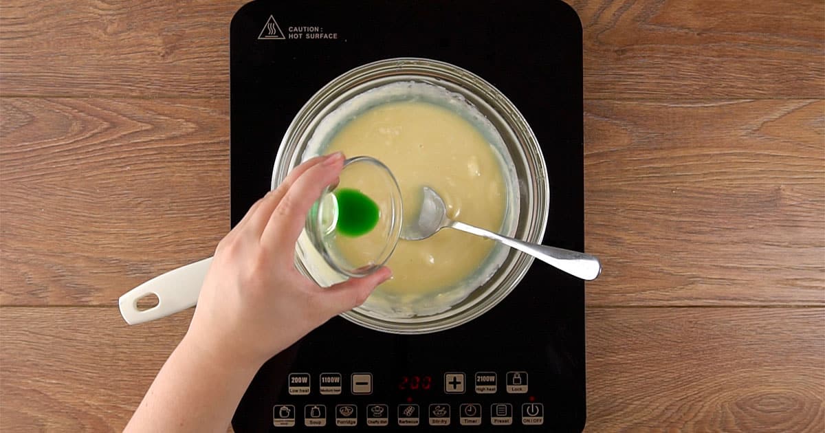 Mix in food coloring Into Andes Mint Fudge mixture.