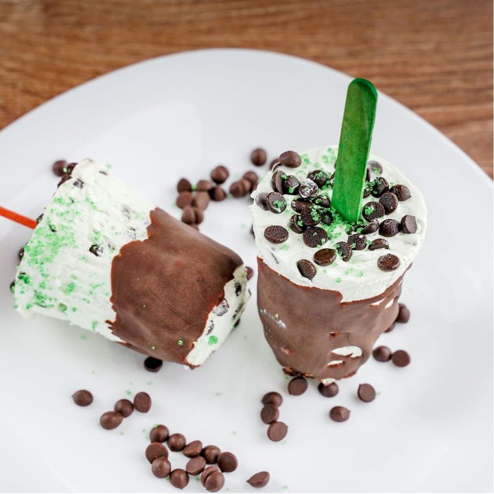 top view of mint chocolate chip popsicles, with one on its side.