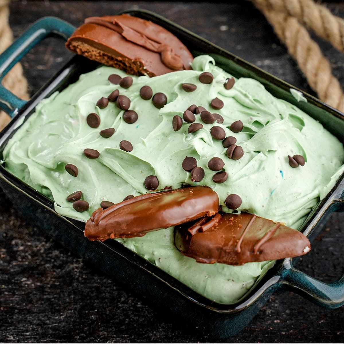 top look at Thin Mint Cheesecake Dip, in cast iron dish.