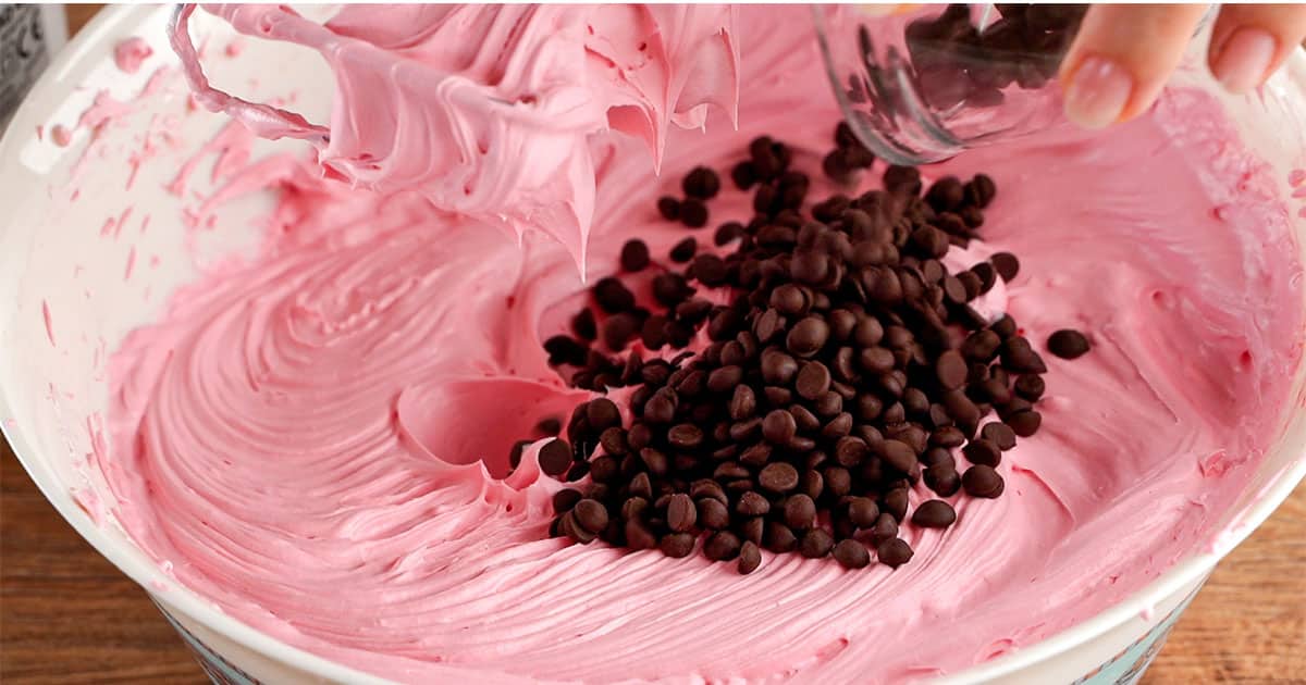 pour in mini chocolate chips into the Watermelon cheesecake mixture.